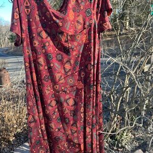 LuLaRoe High-Low Dress in Brown with Orange and Green Accents